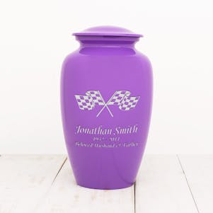 Purple Solace Metal Cremation Urn Checkered Flags