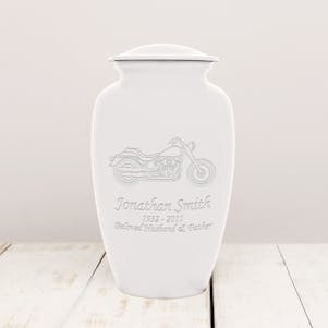 White Motorcycle Metal Cremation Urn - Custom Engraved