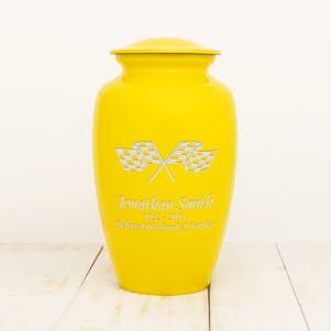 Yellow Checkered Flag Metal Cremation Urn - Custom Engrave