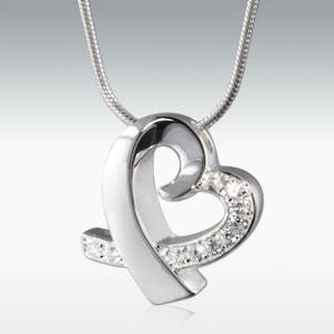 Tie Heart with Diamonds Solid 14k White Gold Cremation Jewelry