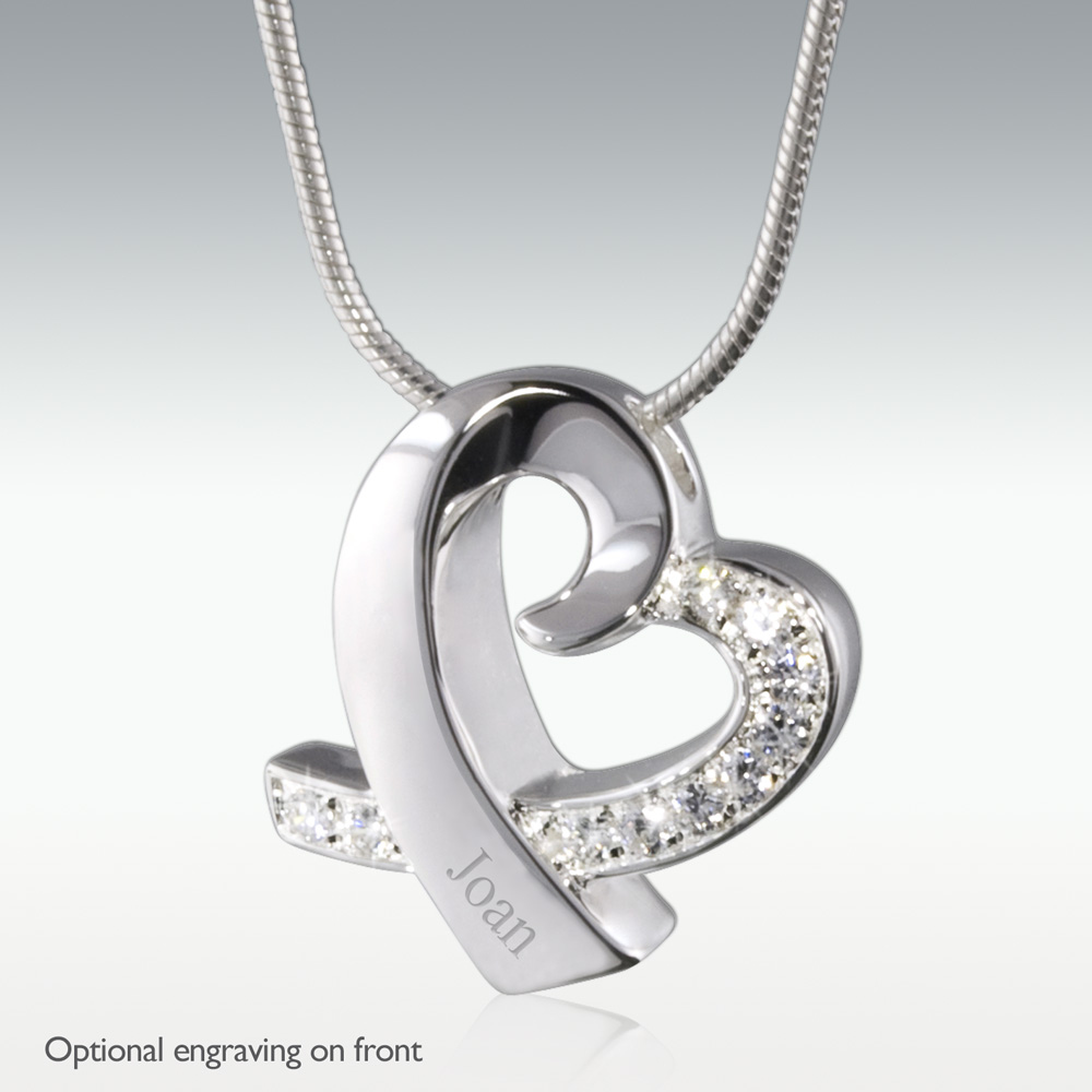Heart w/ Diamonds 14k White Gold Cremation Jewelry - Perfect Memorials