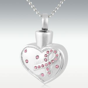 Pink Ribbon On My Heart Stainless Steel Cremation Jewelry