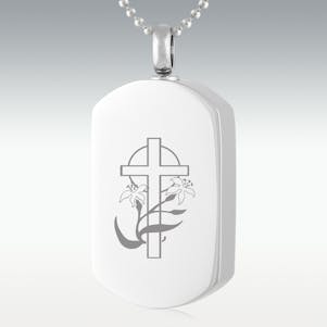 Lily Cross Dog Tag Stainless Steel Cremation Jewelry