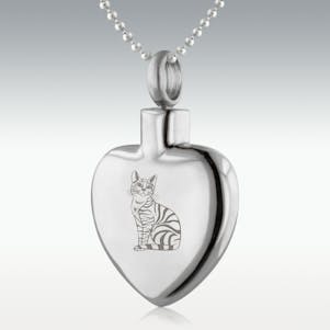 Striped Cat Heart Stainless Steel Cremation Jewelry - Engravable