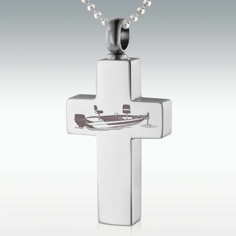 Bass Fishing Boat Cross SS Urn Necklace - Perfect Memorials