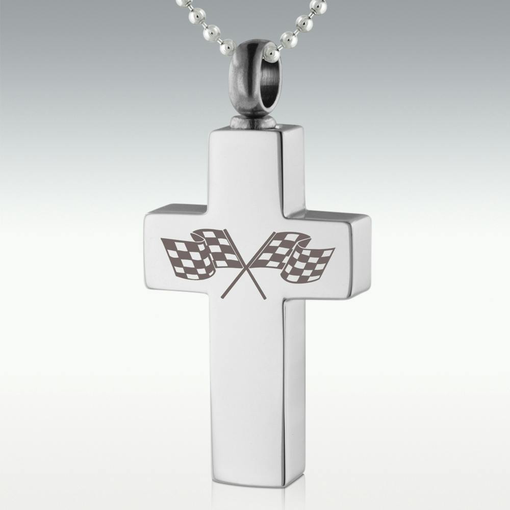 Checkered Flags Cross Stainless Steel Cremation Jewelry Pendant Necklace