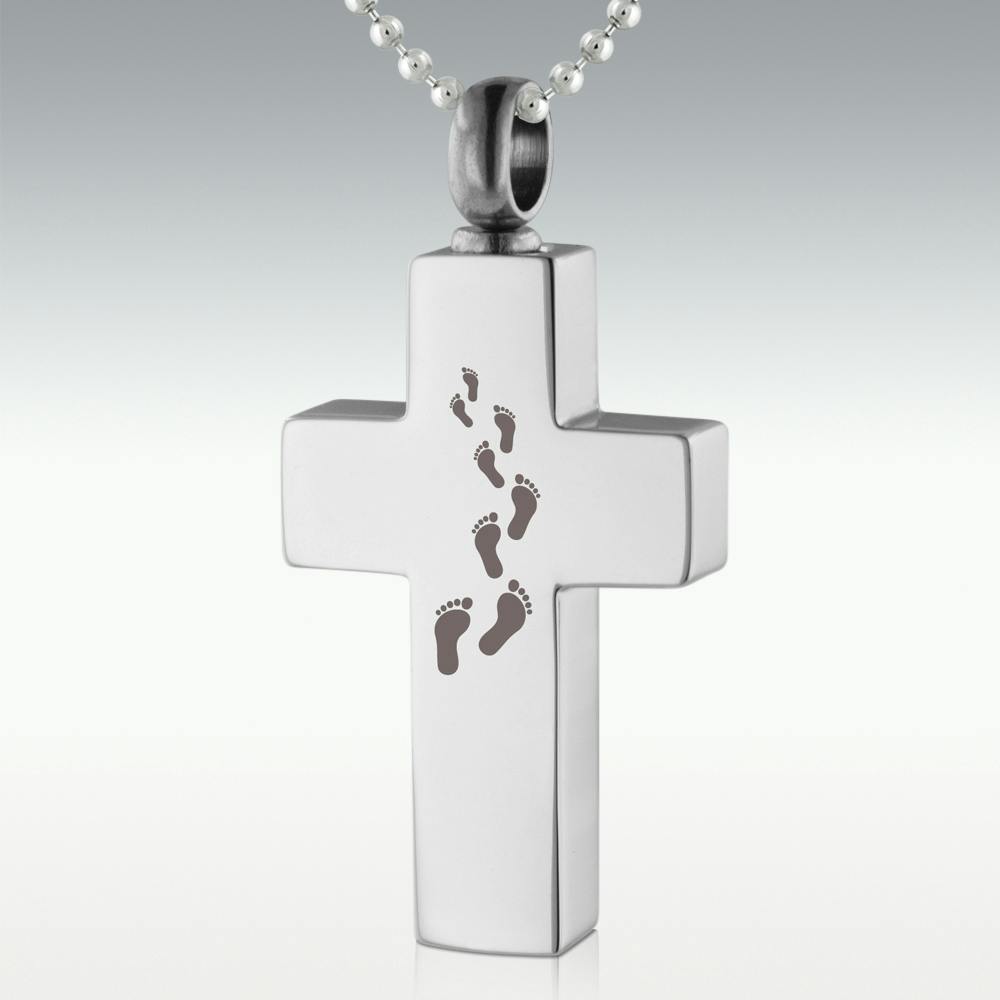 Footprints Cross SS Cremation Jewelry - Perfect Memorials