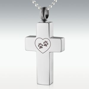 Paws On My Heart Cross Stainless Steel Cremation Jewelry