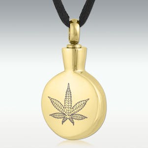 Gold Marijuana Round Stainless Steel Cremation Jewelry