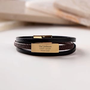 Black Leather Layered with Gold Cremation Bracelet
