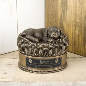 Small Bronze Dog in Basket Cremation Urn