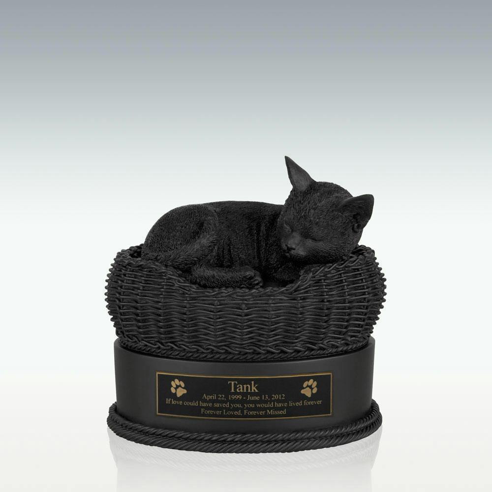 Sleeping Angel Cat Brass Cremation Urn (Engravable) (Engraved, Black)