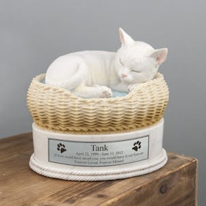 Hand Painted White Cat in Basket Cremation Urn