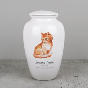 Loving Cat Ivory Ceramic Cremation Urn - Engravable