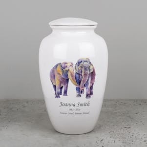 Loving Elephants Ivory Ceramic Cremation Urn - Engravable