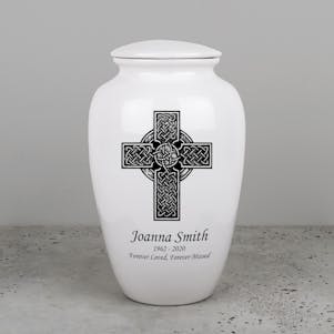 Celtic Cross Ivory Ceramic Cremation Urn - Engravable