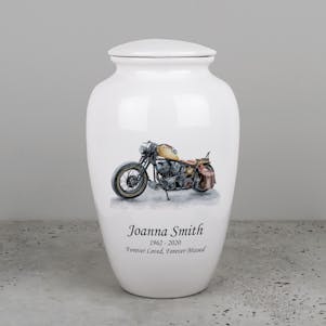 Motorcycle Ivory Ceramic Cremation Urn - Engravable
