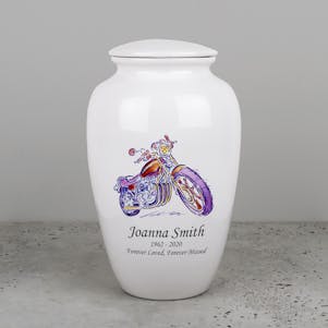 Purple Motorcycle Ivory Ceramic Cremation Urn - Engravable