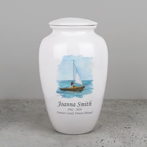 Sail Boat Ivory Ceramic Cremation Urn - Engravable