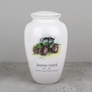 Green Tractor Ivory Ceramic Cremation Urn - Engravable