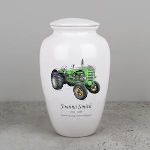 Antique Farm Tractor Ivory Ceramic Cremation Urn - Engravable