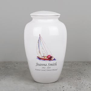 Cruising Sailboat Ivory Ceramic Cremation Urn - Engravable
