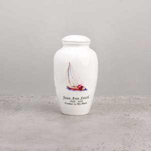 Cruising Sailboat Ceramic Small Cremation Urn