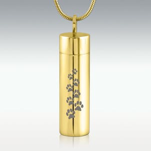 Paw Print II Gold Cylinder Stainless Steel Cremation Jewelry