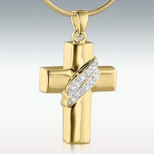 Shimmering Sash Cross Solid 14k Gold Cremation Jewelry
