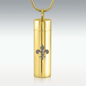 Fleur-di-lis Gold Cylinder Stainless Steel Cremation Jewelry