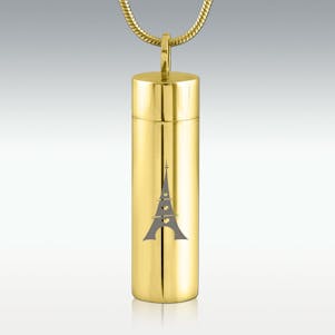 Eiffel Tower Gold Cylinder Stainless Steel Cremation Jewelry
