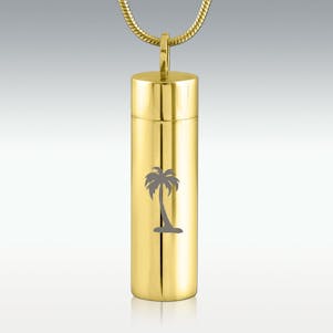 Palm Tree Gold Cylinder Stainless Steel Cremation Jewelry