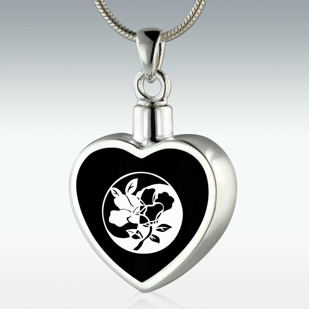 Rose Inlay Heart Sterling Silver Memorial Jewelry - Engravable