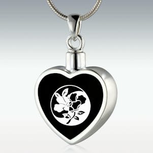 Floral Yin-Yang Inlay Heart Sterling Silver Memorial Jewelry
