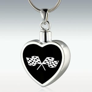 Checkered Flags Inlay Heart Sterling Silver Memorial Jewelry