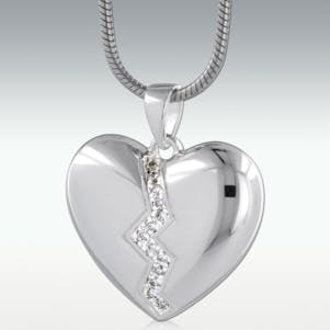 Broken Heart 14k White Gold Cremation Jewelry - Engravable