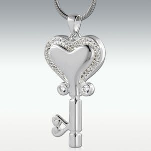 Dazzling Heart Key 14k White Gold Cremation Jewelry -Engravable