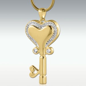 Dazzling Heart Key Solid 14k Gold Cremation Jewelry - Engravable