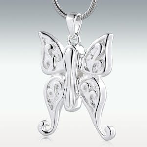 Dancing Butterfly 14k White Gold Cremation Jewelry - Engravable