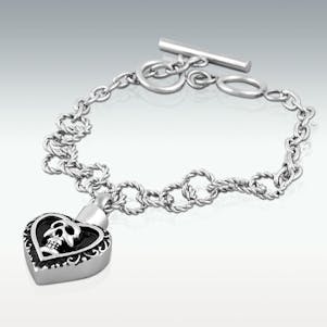 Skull Heart Stainless Steel Charm Bracelet - 8-3/4" Long