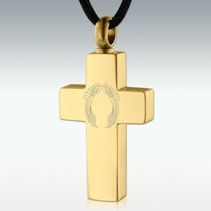 Gold Angel Wings II Cross SS Cremation Jewelry