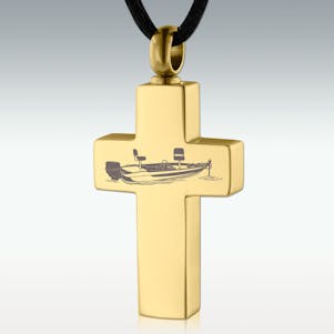 Gold Bass Fishing Boat Cross SS Cremation Jewelry