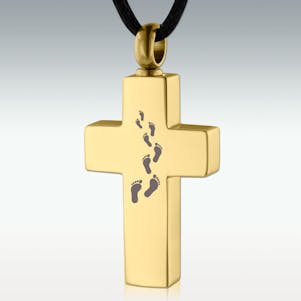 Gold Footprints Cross SS Cremation Jewelry