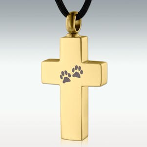 Gold Paw Prints Cross SS Cremation Jewelry