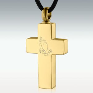 Gold Praying Hands Cross SS Cremation Jewelry