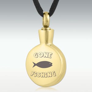 Gold Gone Fishing Round Stainless Cremation Jewelry