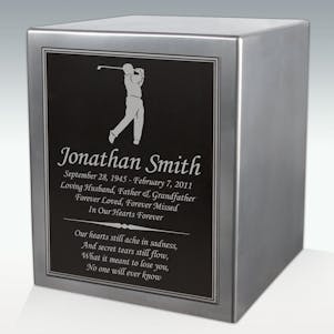 Male Golfer Silhouette Seamless Silver Cube Resin Cremation Urn