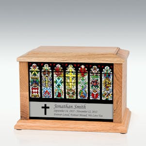 Medium Oak Stained Glass Cross Infinite Impression Cremation Urn