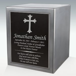Ornate Cross Seamless Silver Cube Resin Cremation Urn