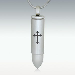 Bullet w/ Cross Stainless Steel Cremation Jewelry - Engravable
